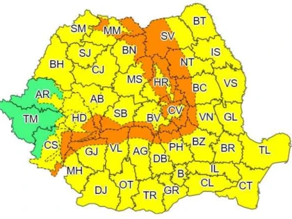 Cod galben de vânt și ploi pentru județul Arad, valabil din această seară