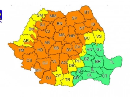 Cod portocaliu de averse torențiale, descărcări electrice și pe alocuri vijelii și grindină