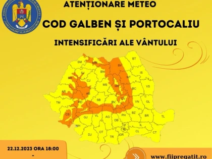 Cod portocaliu de intensificări ale vântului, valabil până duminică