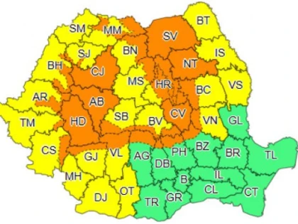Cod portocaliu și cod galben de furtuni și vijelii puternice, pentru județul Arad