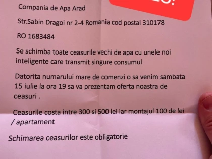 Compania de Apă Arad: Atenție la escroci!