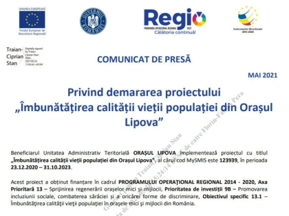 Comunicat de presă privind demararea proiectului ”Îmbunătățirea calității vieții populației din Orașul Lipova”
