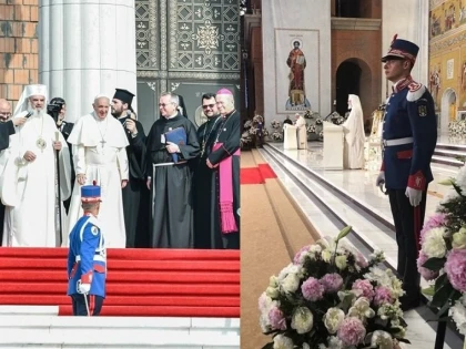 Denis, cel mai tânăr subofițer al Gărzii de Onoare a Jandarmeriei, la întâlnirea cu Papa Francisc