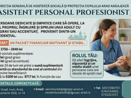 Direcția Generală de Asistență Socială și Protecția Copilului Arad angajează Asistenți Personali Profesioniști