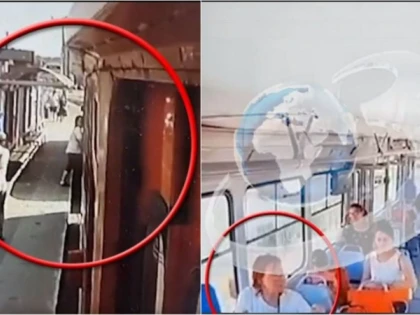 Imagini cu momentul în care femeia din Arad coboară din tramvai. Mama îşi ţinea copilul aflat într-un scaun cu rotile