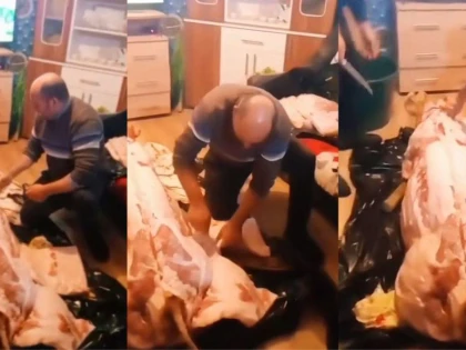 „Pomana porcului” într-o sufragerie! Câțiva români, virali pe Internet după ce au tranșat animalul în casă