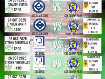 Programul acestui final de săptămână pentru echipele de fotbal ale CSS “Gloria” Arad